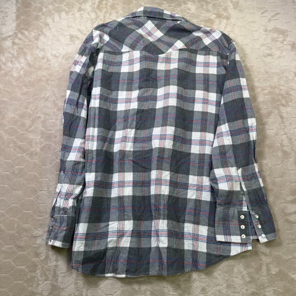 VTG BJ-R Long Tail Form Fit Western Shirt Mens XL Plaid Pearl Snap STAINED Look - Picture 11 of 12